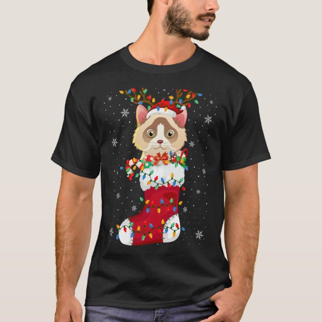 Camiseta Santa Hat Ragdoll Cat Animal Na Meias Xmas Tree Li (Frente)