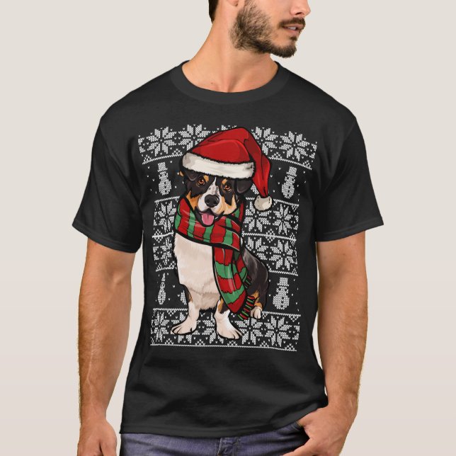Camiseta Santa Hat Xmas Cardigan Welsh Corgi Ugly Natal (Frente)