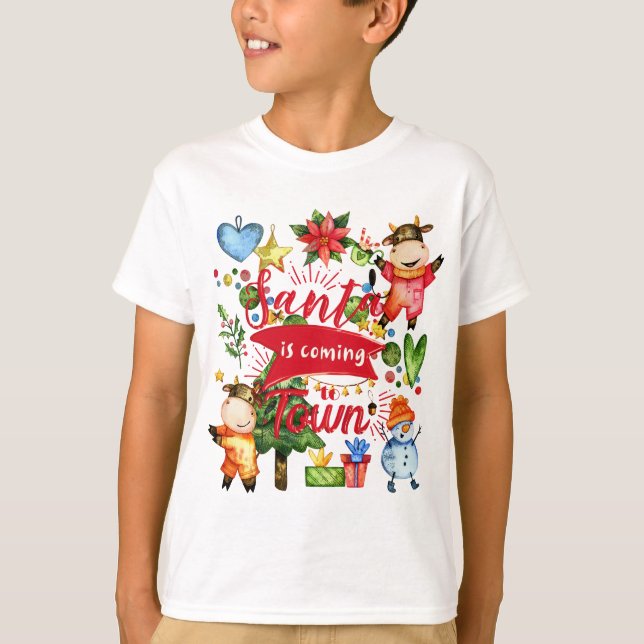 Camiseta Santa Is Coming To Town - Cute Cows Holiday Party (Frente)