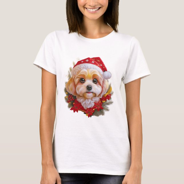 Camiseta Santa Paws Delight" – Holiday Pup in Red Hat (Frente)