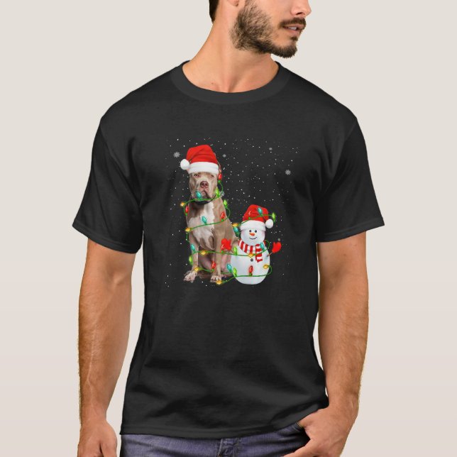 Camiseta Santa Pitbull Terrier Dog Snowman Xmas Tree Lights (Frente)