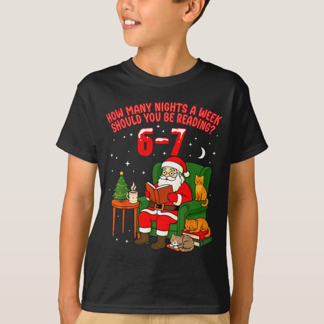 Camiseta Santa Reading 67 Cat Christmas Six Seven Teacher B (Frente)