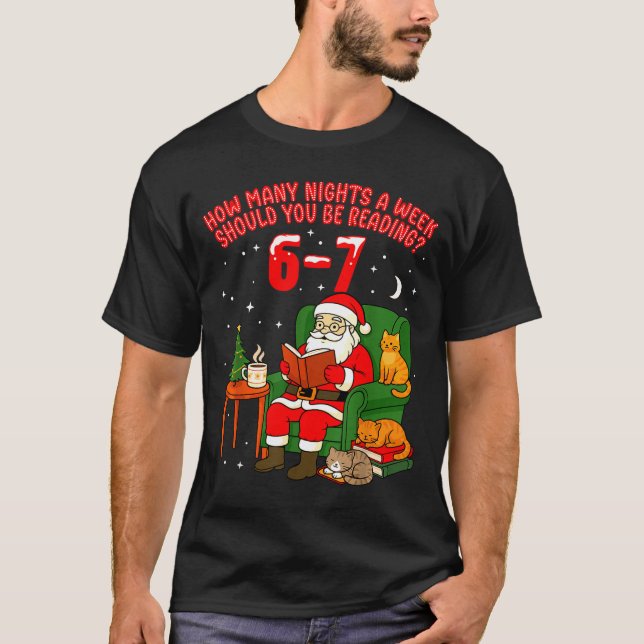 Camiseta Santa Reading 67 Cat Christmas Six Seven Teacher B (Frente)