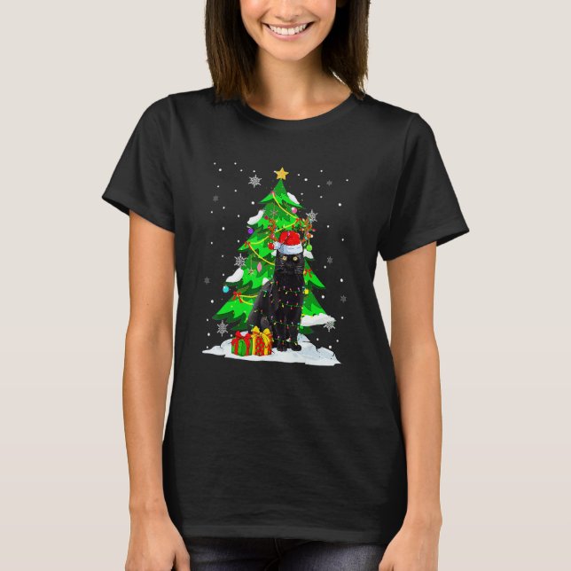 Camiseta Santa Reindeer Black Cat Xmas Tree Lights Christma (Frente)