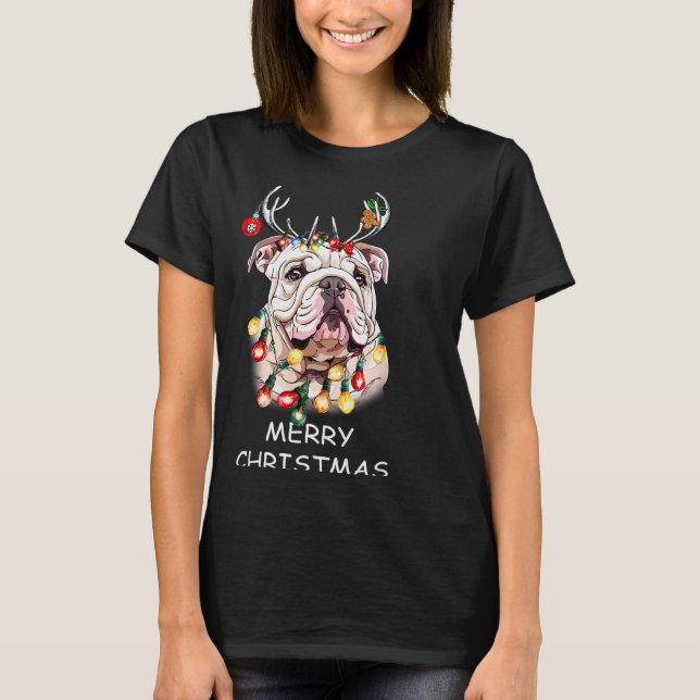 Camiseta Santa Reindeer English Bulldog Dog Christmas Light (Frente)