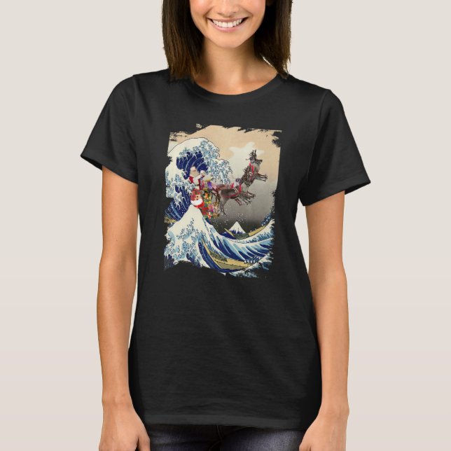 Camiseta Santa Reindeer Over Great Wave Christmas (Frente)