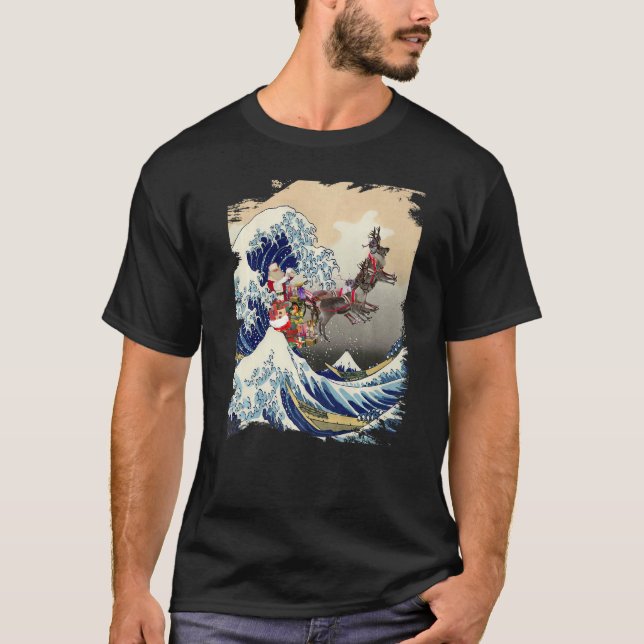 Camiseta Santa Reindeer Over Great Wave Christmas (Frente)