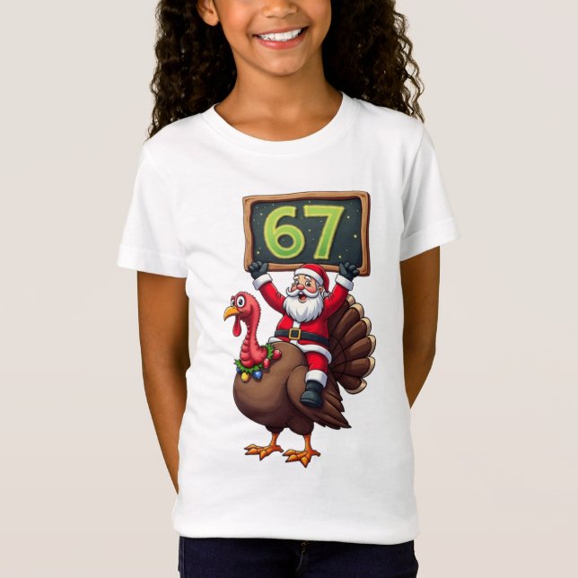 Camiseta 🎅🦃 Santa Riding a Turkey with Number 67 Funny (Frente)