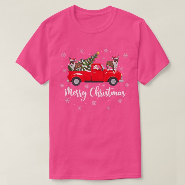 Camiseta Santa Riding Christmas Tree Truck Bull Terrier Dog (Frente do Design)