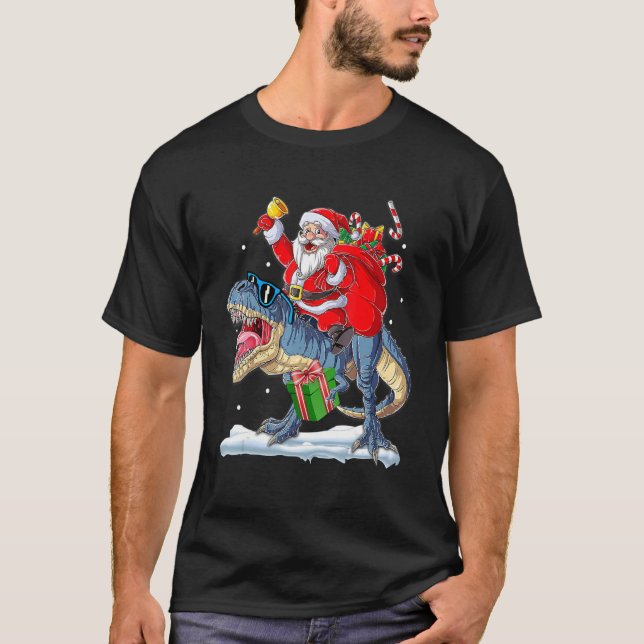 Camiseta Santa Riding Dinosaur Rex Christmas  Xmas Boys Kid (Frente)