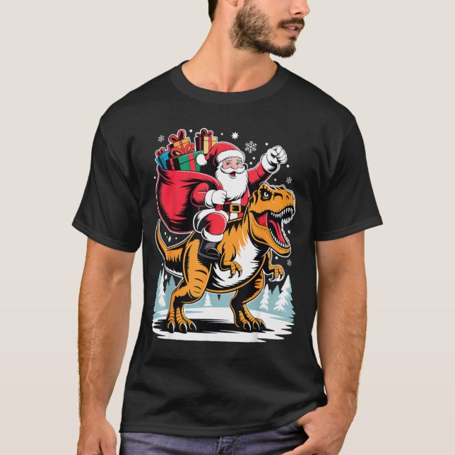 Camiseta Santa Riding Dinosaur T Rex Christmas Boys Xmas  (Frente)