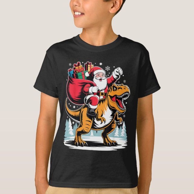 Camiseta Santa Riding Dinosaur T Rex Christmas Boys Xmas  (Frente)