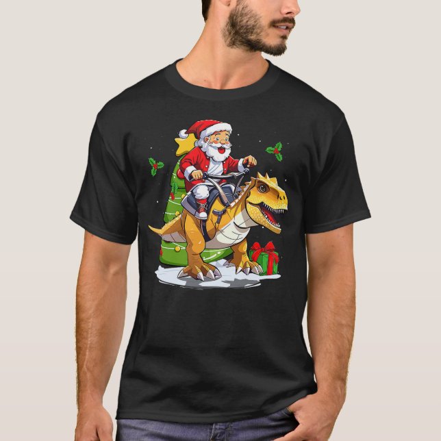 Camiseta Santa Riding Dinosaur T-Rex Christmas Dinosaurs (Frente)