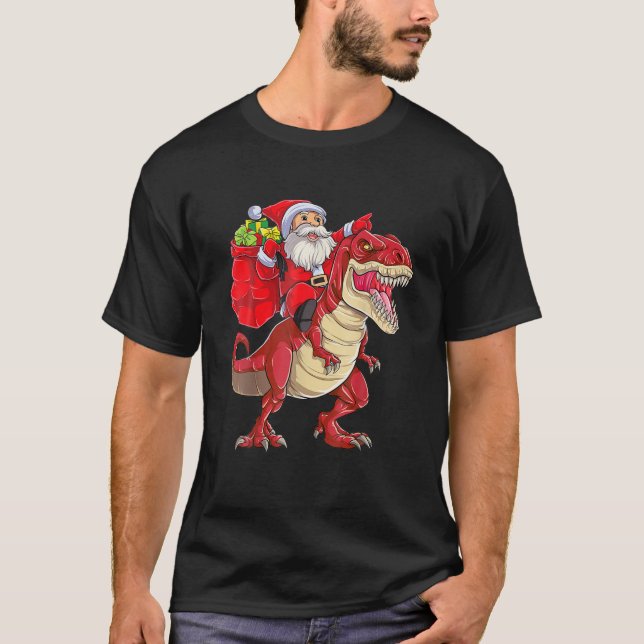 Camiseta Santa Riding Dinosaur T Rex Christmas Tee (Frente)