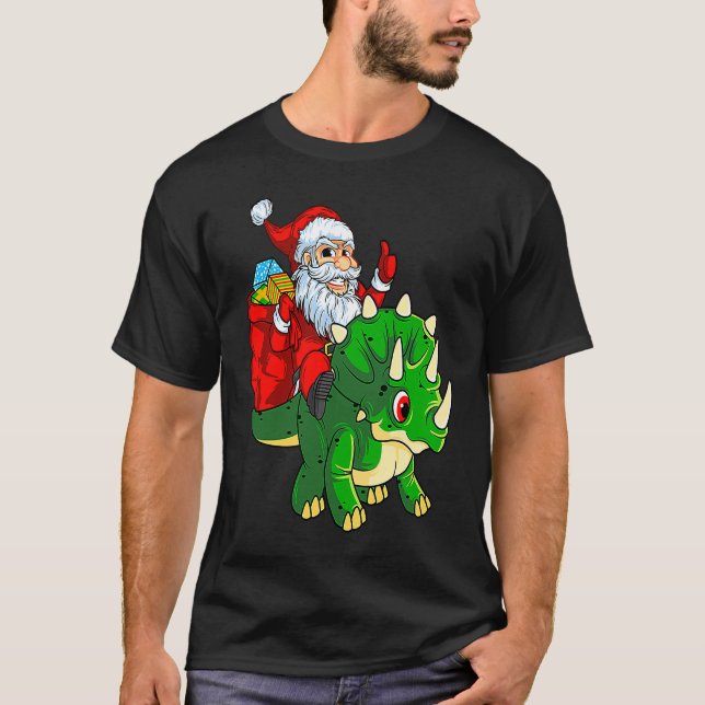 Camiseta Santa Riding Dinosaur Triceratops Dino Christmas B (Frente)