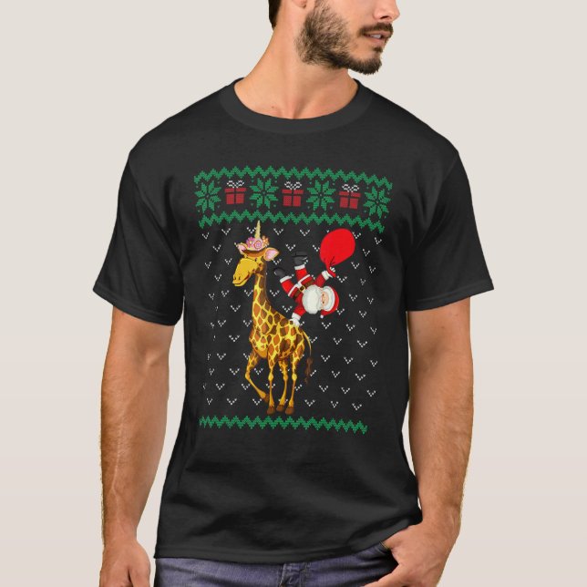 Camiseta Santa Riding Giraffe Unicorn Christmas Ugly Pajama (Frente)