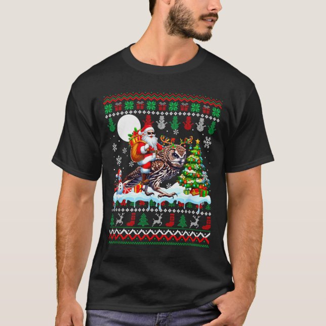 Camiseta Santa Riding Reindeer Owl Sweater Xmas Tree Snowma (Frente)