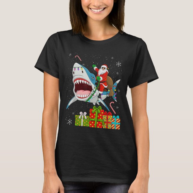 Camiseta Santa Riding Shark Christmas Pajama Cute Ocean Ani (Frente)