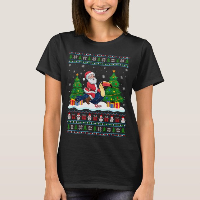 Camiseta Santa Riding Toucans Tree Lights Ugly Christmas Sw (Frente)