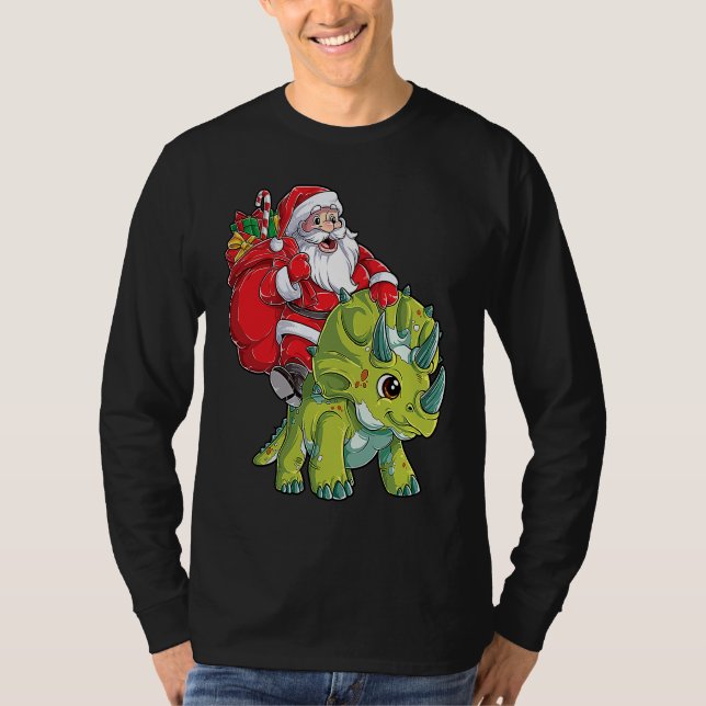 Camiseta Santa Riding Triceratops Dinosaur Christmas Boys K (Frente)