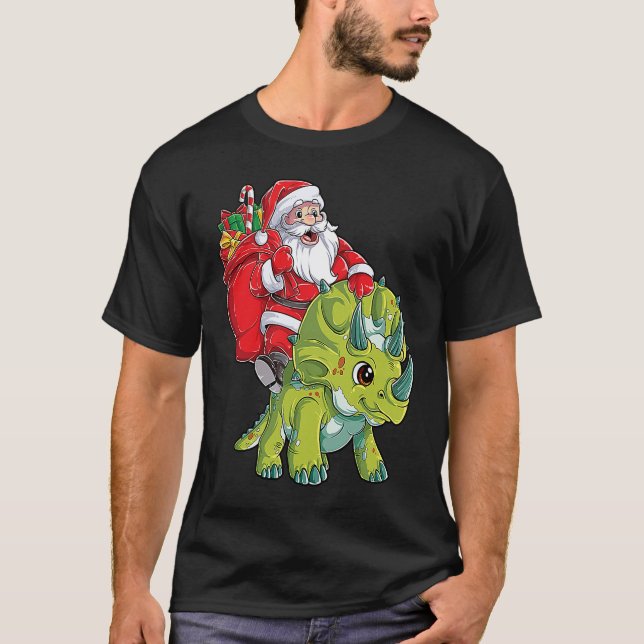 Camiseta Santa Riding Triceratops Dinosaur Christmas Boys K (Frente)