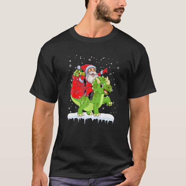 Camiseta Santa Riding Triceratops Dinosaur Christmas Boys X (Frente)