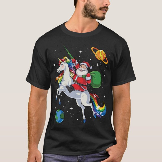 Camiseta Santa Riding Unicorn Christmas Gifts Rainbow Space (Frente)