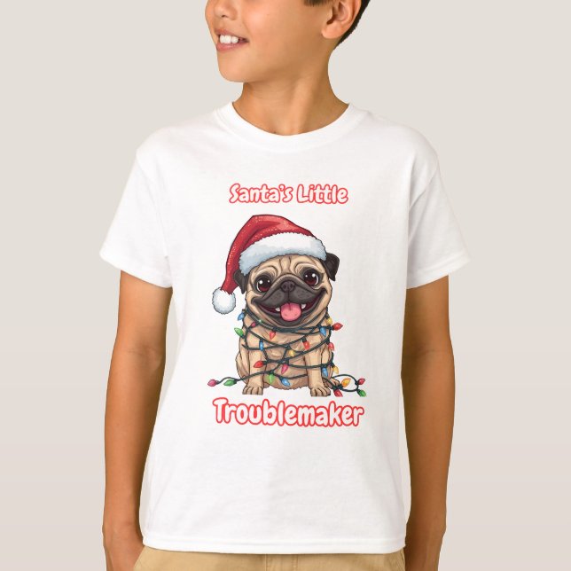 Camiseta Santa’s Little Troublemaker – Funny Christmas Pug  (Frente)
