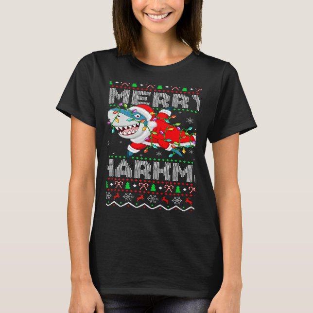 Camiseta Santa Shark Christmas Lights Ugly Merry Sharkmas (Frente)