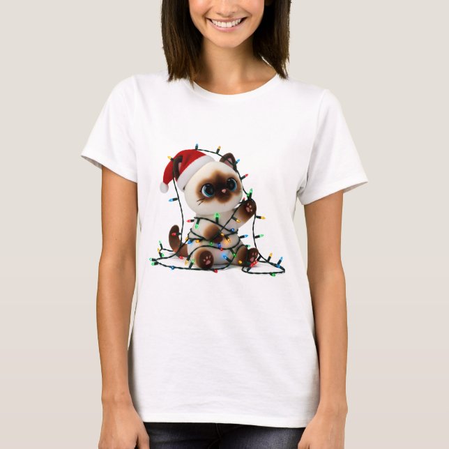 Camiseta Santa Siamese Cat Tangled in Christmas Lights (Frente)