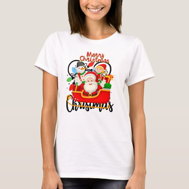 Camiseta Santa Sleigh Merry Christmas Cartoon (Frente)