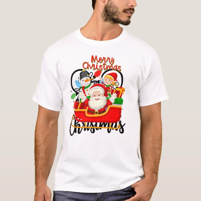 Camiseta Santa Sleigh Merry Christmas Cartoon (Frente)