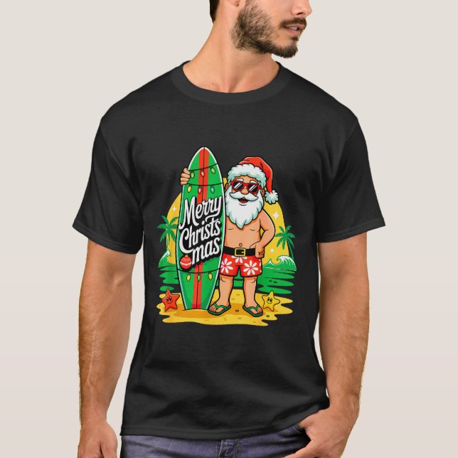 Camiseta Santa Surfing Hawaiian Beach Christmas In July Tro (Frente)