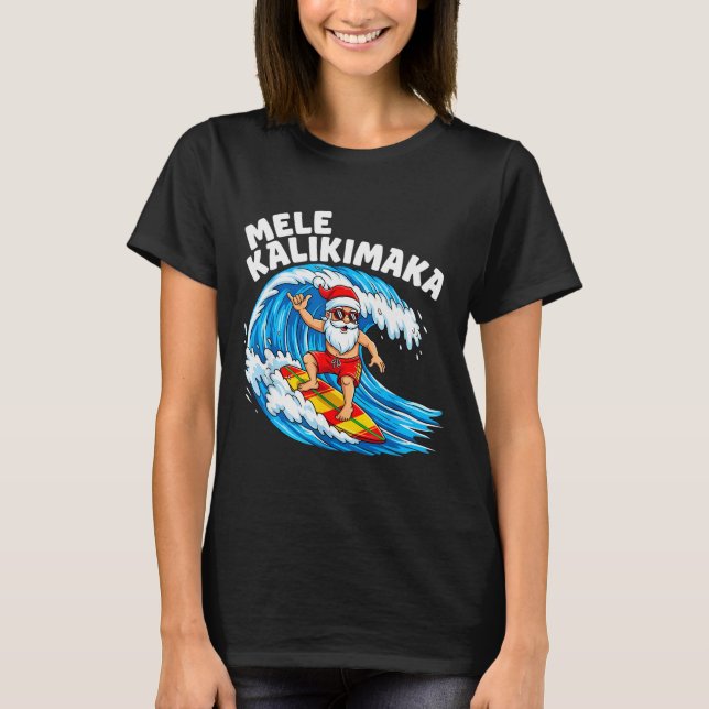 Camiseta Santa Surfing Mele Kalikimaka Hawaiian Christmas  (Frente)