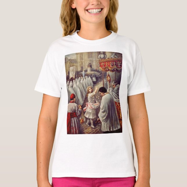 Camiseta Santa Teresinha Lançando Rosas Corpus Domini Arte  (Frente)