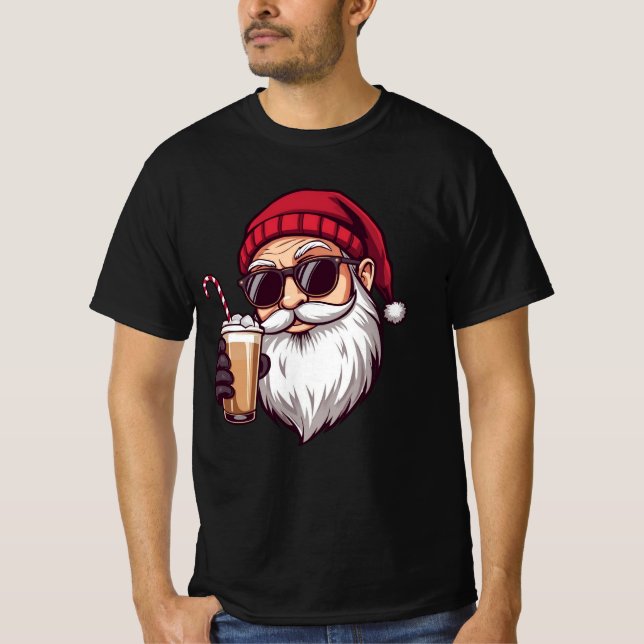 Camiseta Santa with Iced Coffee – Modern Cool Christmas San (Frente)