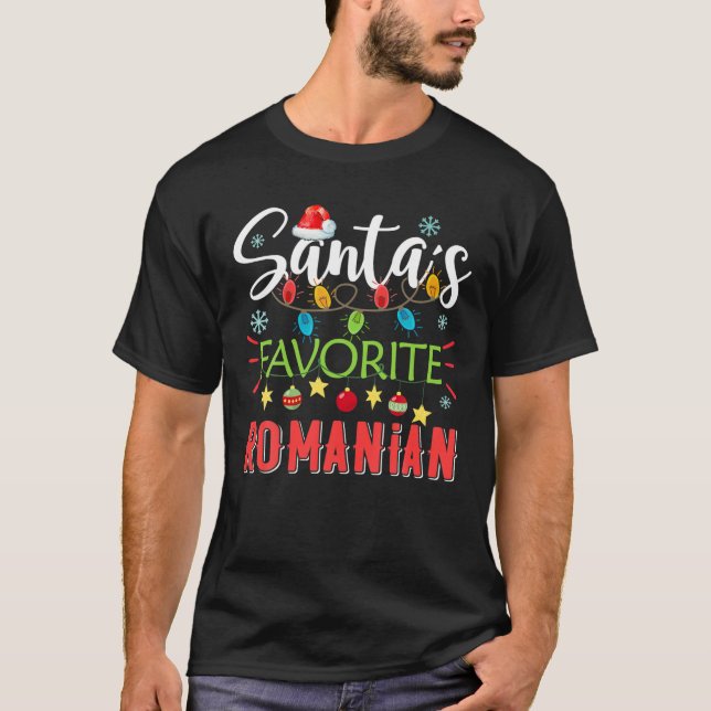 Camiseta Santa's Favorite Romanian Xmas Light Santa Hat Chr (Frente)