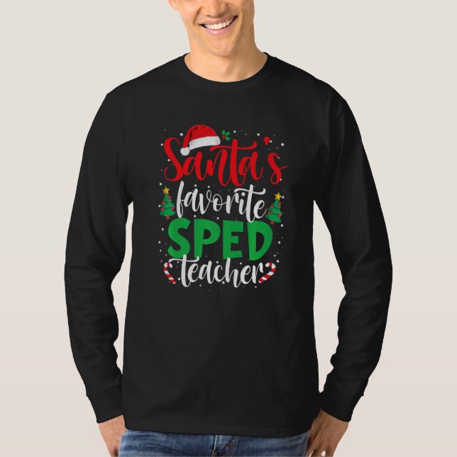 Camiseta Santa's Favorite SPED Teacher Christmas Santa Hat  (Frente)