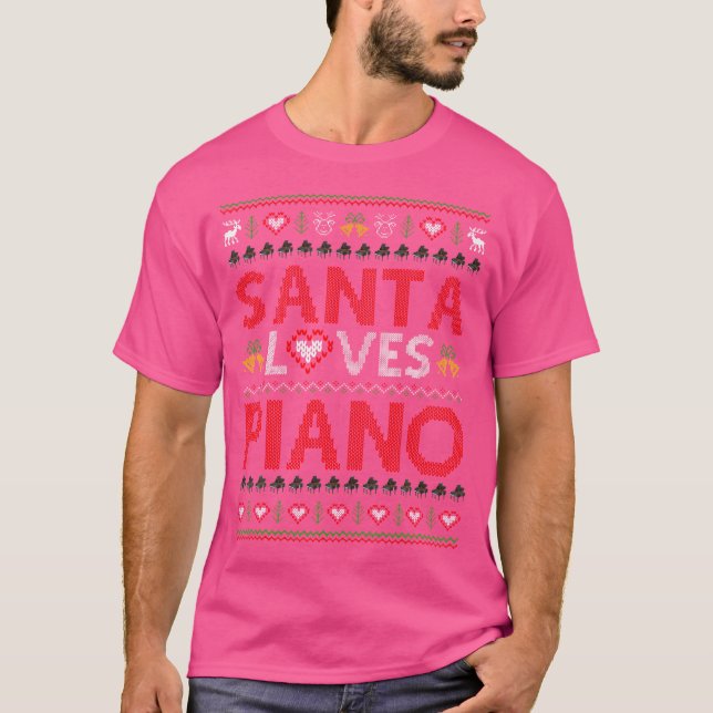 Camiseta Santas Loves Piano Xmas Gift Ugly Piano Christmas (Frente)
