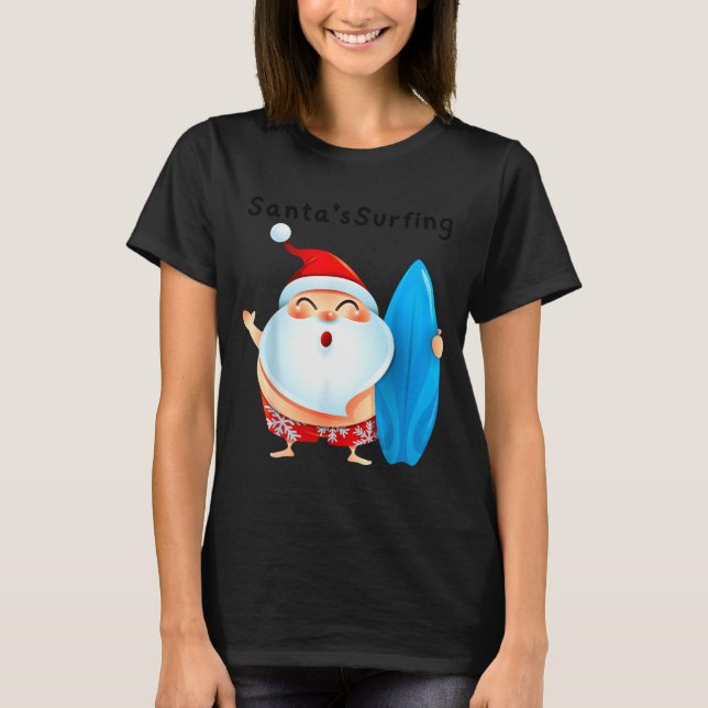Camiseta Santa's Surfing, Santa Christmas In July  (Frente)