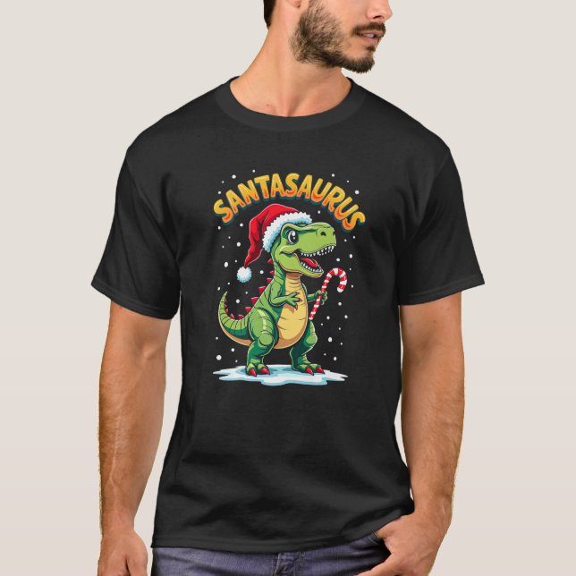 Camiseta Santasaurus Rex Dinossauro Engraçado Natal Chapéu  (Frente)