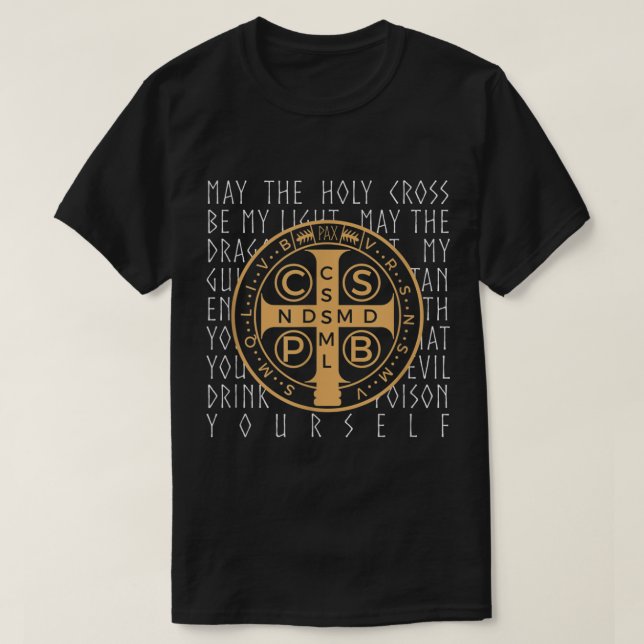 Camiseta Santo Benedict Medal oração cristã (Frente do Design)