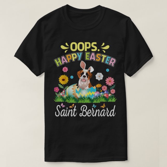 Camiseta Santo Bernard Dog Bunny Costume Tocar Flor Ovo Ha (Frente do Design)