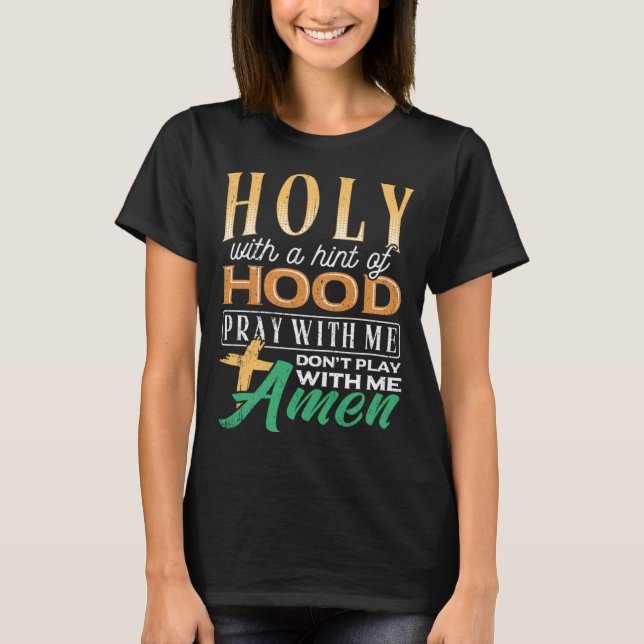 Camiseta Santo com uma pitada de capuz  recuperação escritu (Frente)