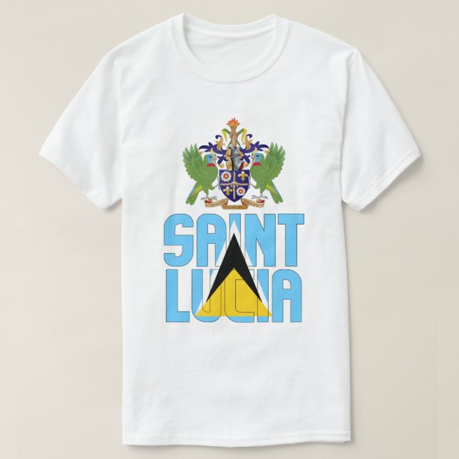 Camiseta Santo de Lúcia, Bandeira e Casaco de Armas Patriót (Frente do Design)