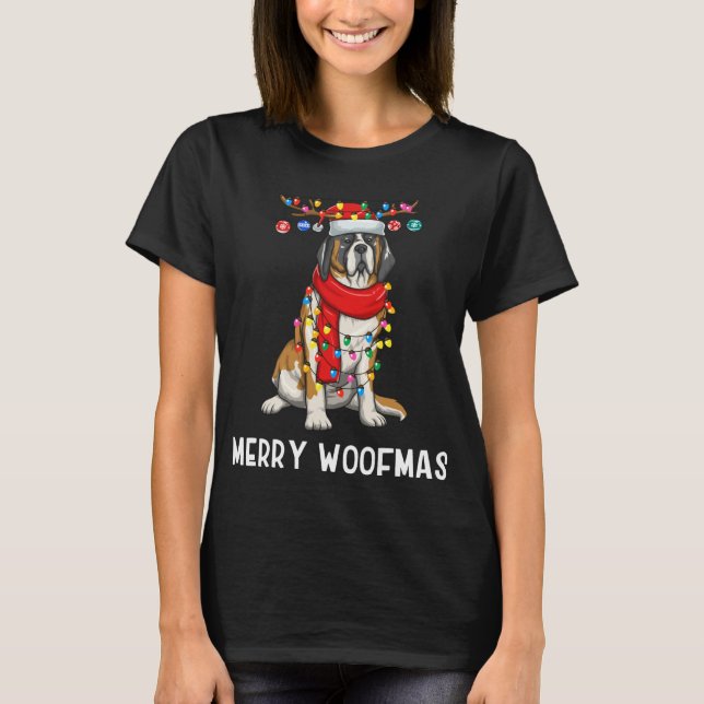 Camiseta Santo de Natal Bernard Dog Holidy Lights Feliz W (Frente)