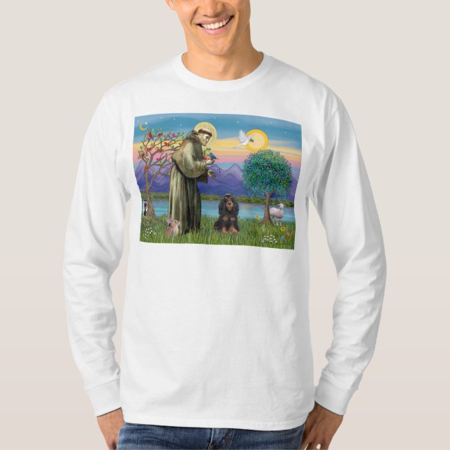Camiseta Santo Francis e Black-Tan Cocker Spaniel (Frente)