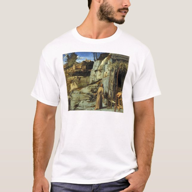 Camiseta Santo Francis no deserto por Giovanni Bellini (Frente)