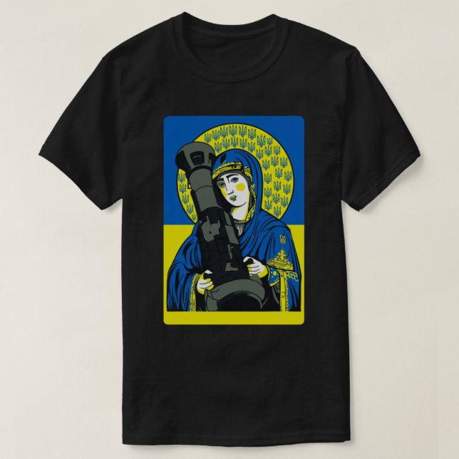 Camiseta Santo Javelin Protege Bandeira Da Ucrânia (Frente do Design)