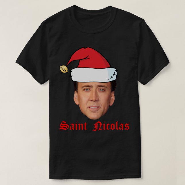 Camiseta Santo Nicolas Cage Cartão de Natal (Frente do Design)